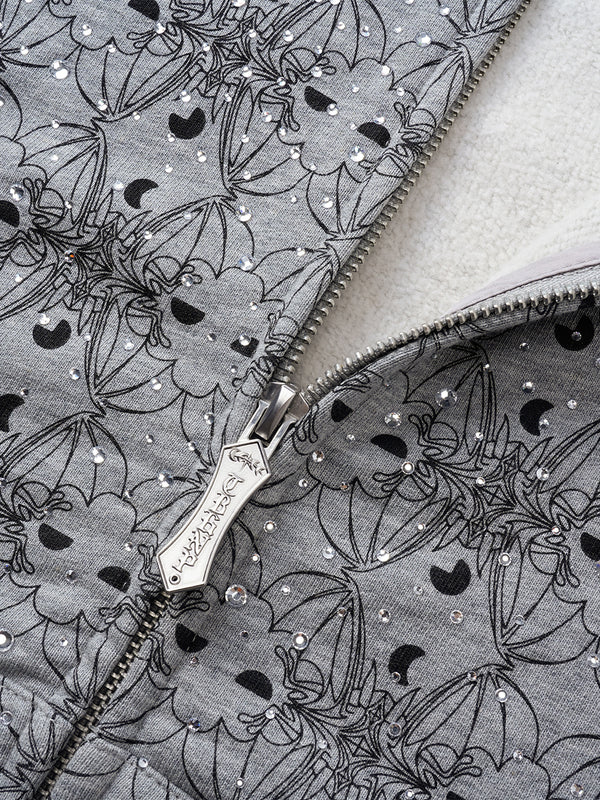 LUMINOUS DAWN DARK PATTERN RHINESTONE ZIP HOODIE