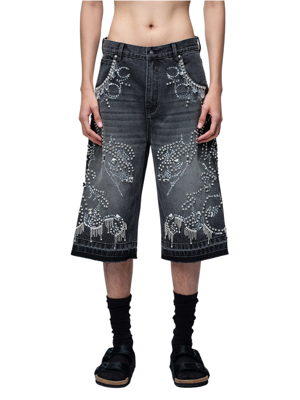 TBHNP Luminous Dawn rhinestone vine cropped wide-leg jeans — men's streetwear denim
