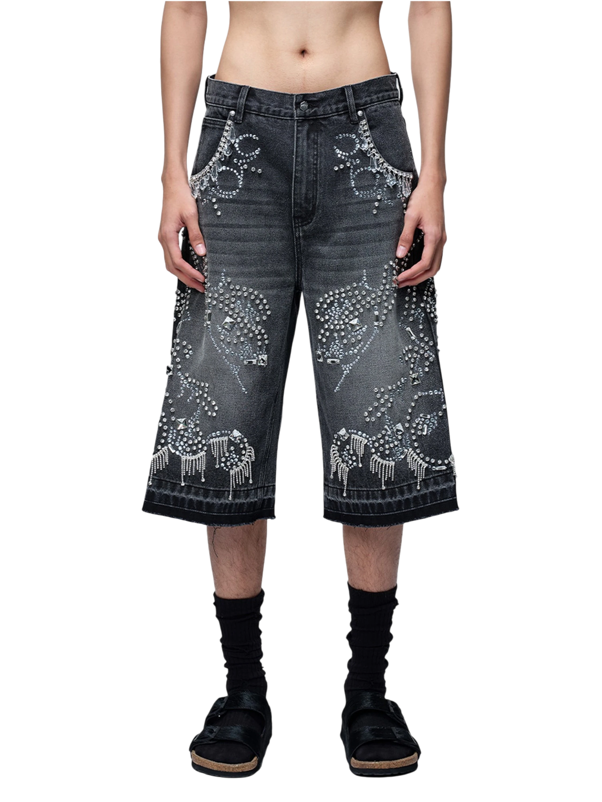 TBHNP Luminous Dawn rhinestone vine cropped wide-leg jeans — men's streetwear denim