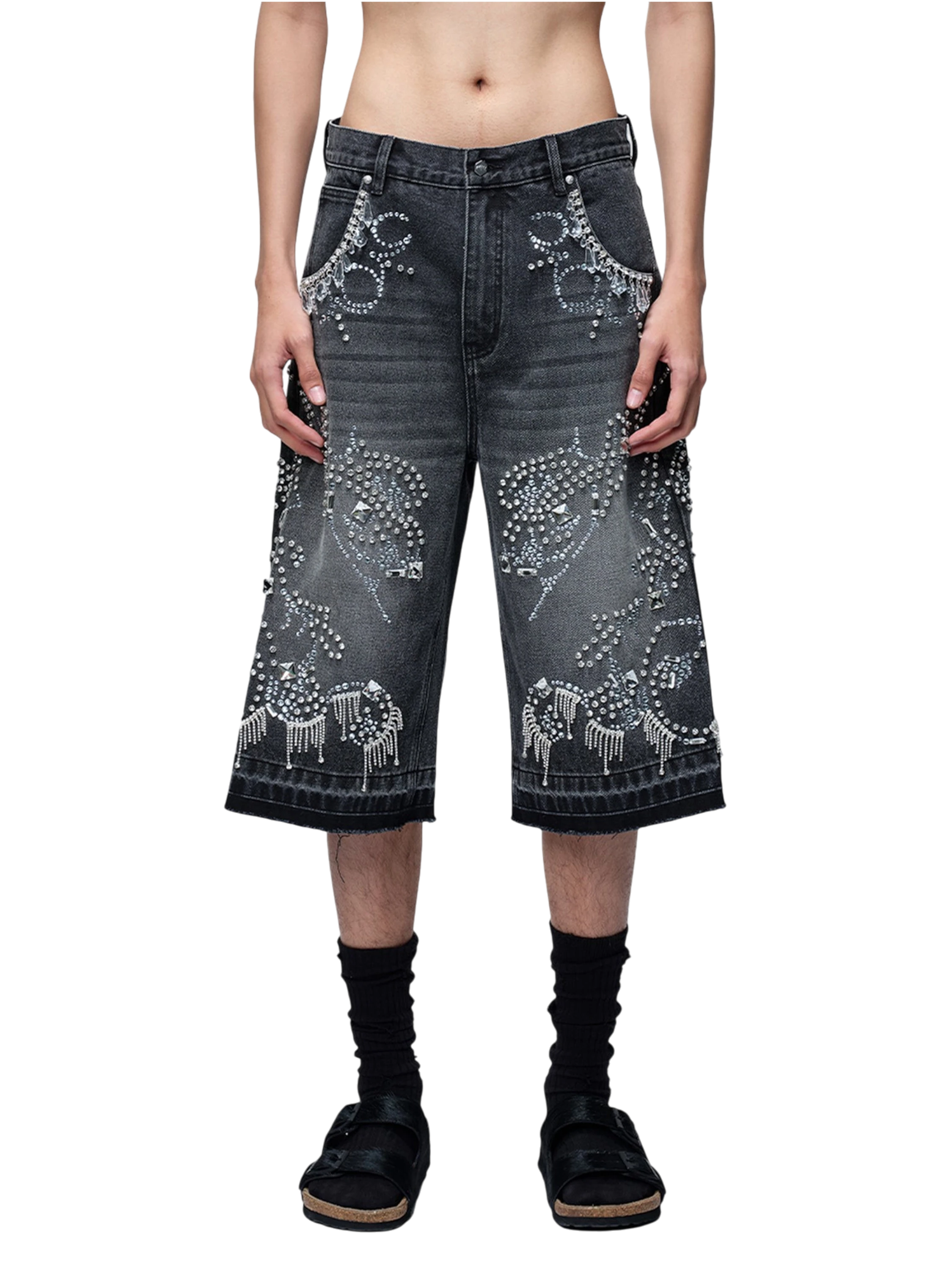 TBHNP Luminous Dawn rhinestone vine cropped wide-leg jeans — men's streetwear denim