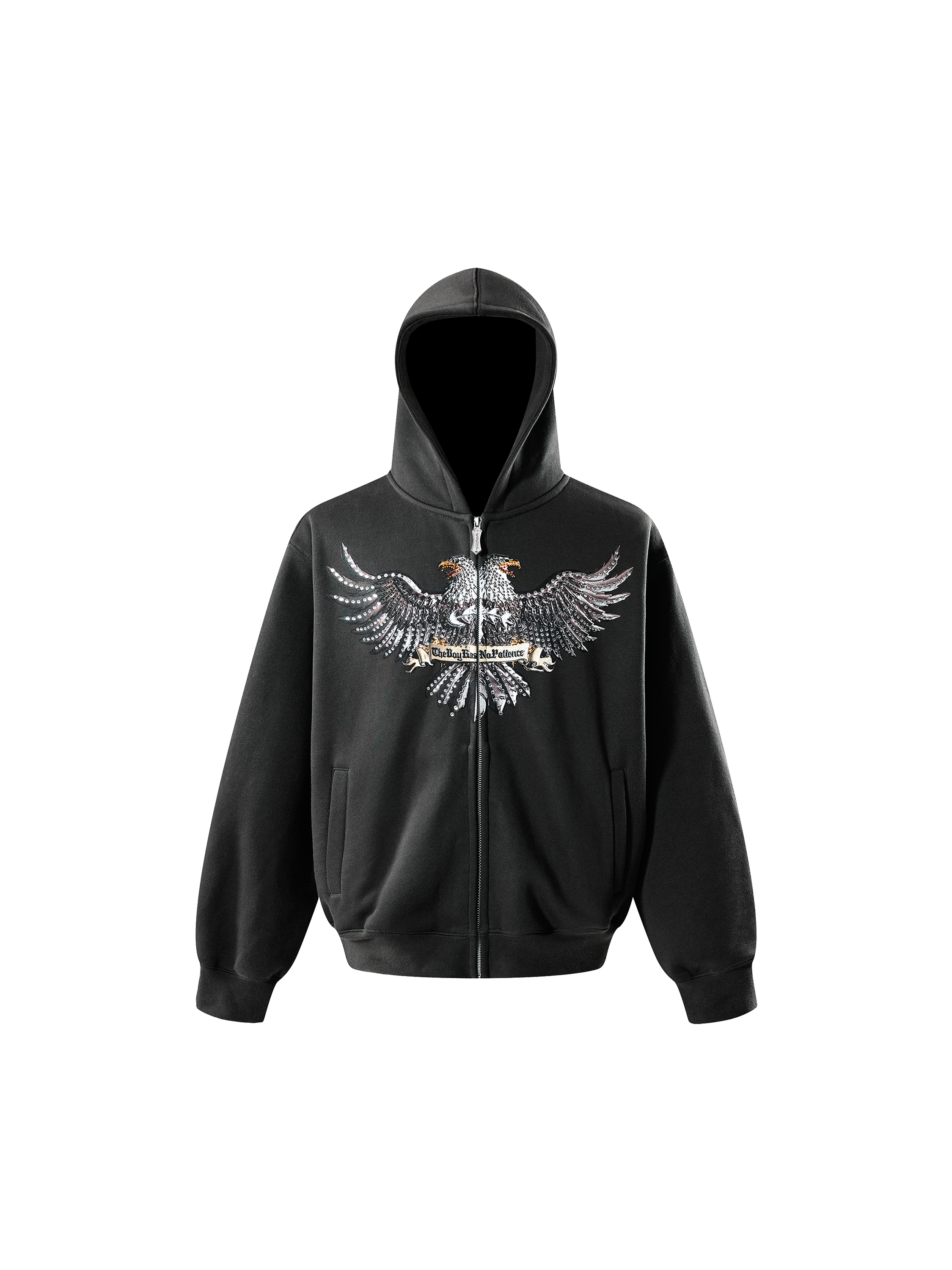 LUMINOUS DAWN DOUBLE-HEADED EAGLE RHINESTONE PRINTED ZIP HOODIE