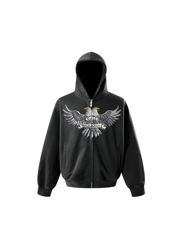 DOUBLE-HEADED EAGLE RHINESTONE ZIP HOODIE