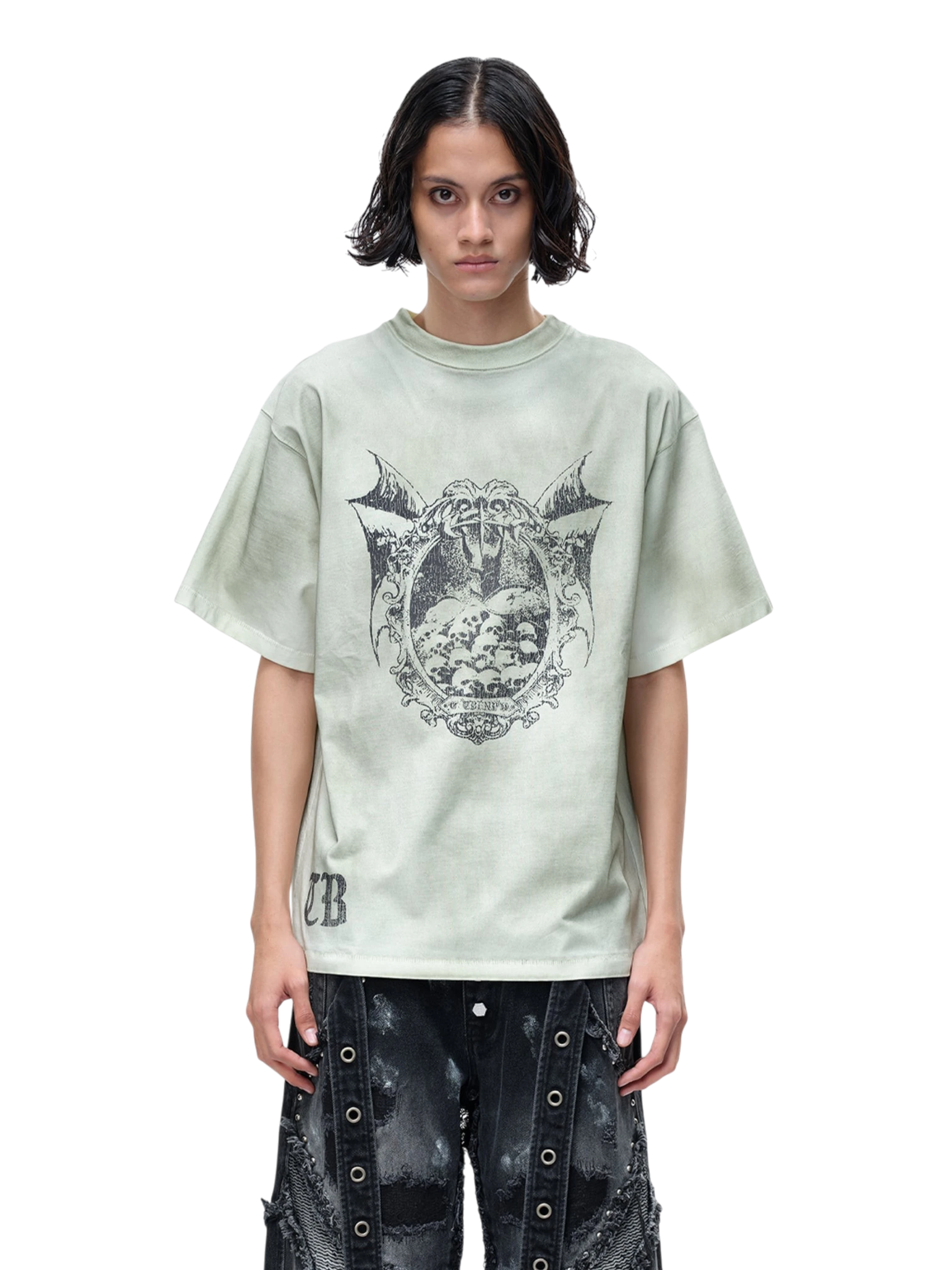 TBHNP Luminous Dawn knight badge washed t-shirt, white — men's streetwear graphic tee
