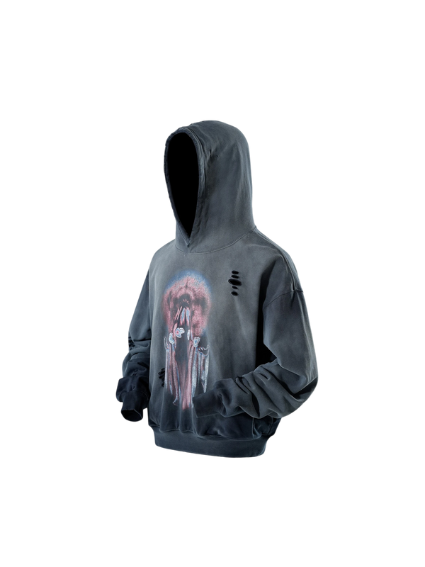 HOODIE DISCIPLE DESTRUIDA CON CORTES Y ESTAMPADO