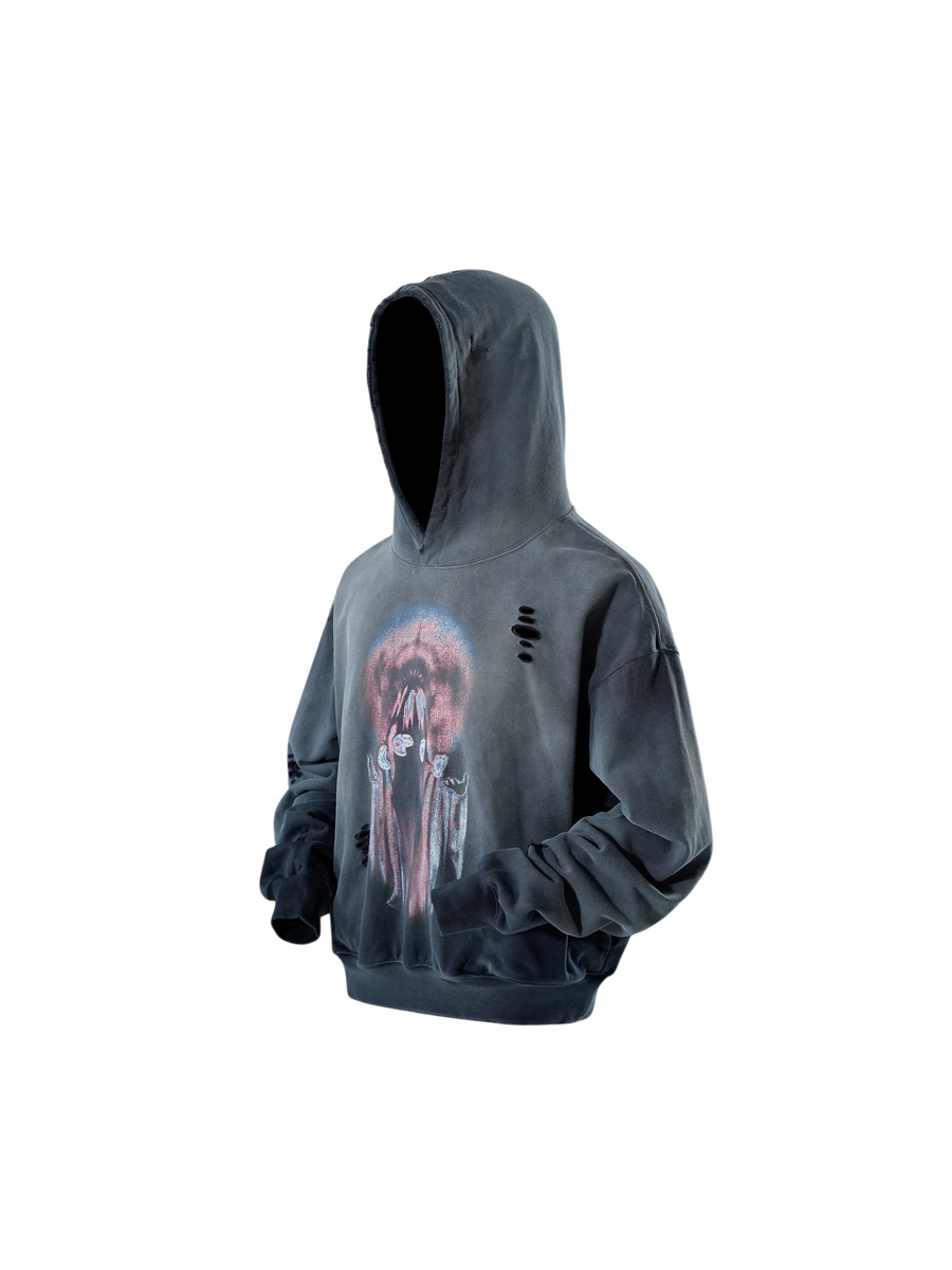 TBHNP Disciple slash-destroyed printed hoodie, blue-grey — men's streetwear hoodie