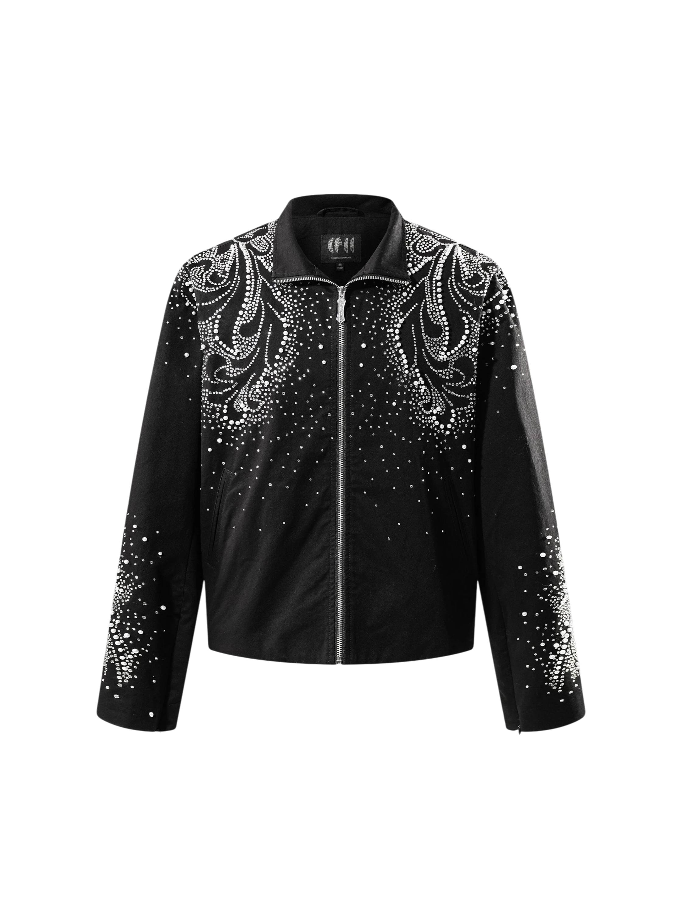 TBHNP Luminous Dawn pearl rhinestone cotton zip jacket, black — men's streetwear jacket