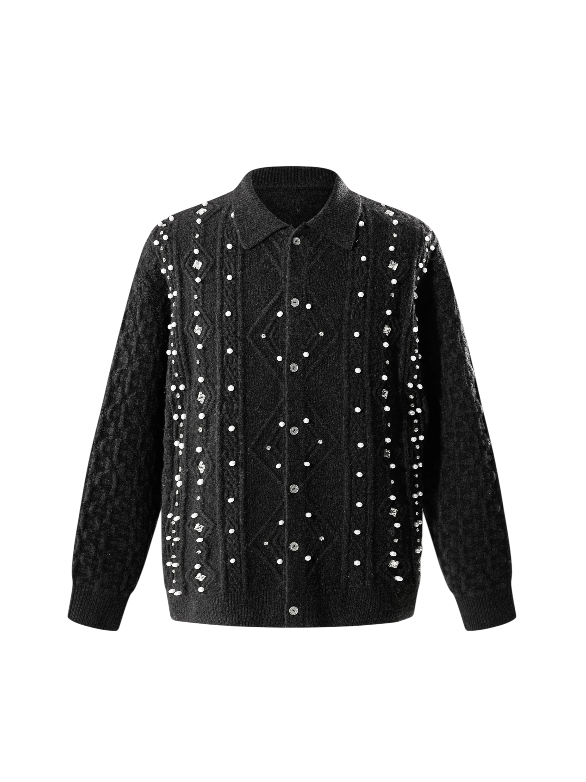 TBHNP Luminous Dawn rhinestone cable-knit cardigan, black — men's streetwear knitwear