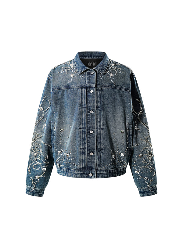 LUMINOUS DAWN RHINESTONE CROPPED DENIM JACKET