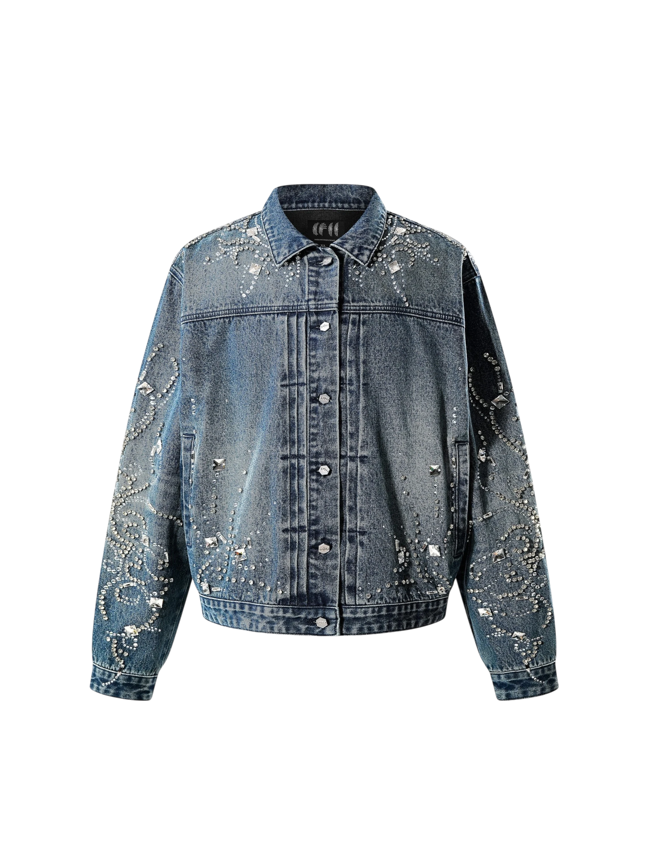 TBHNP Luminous Dawn rhinestone cropped denim jacket, blue — men's gothic streetwear jacket