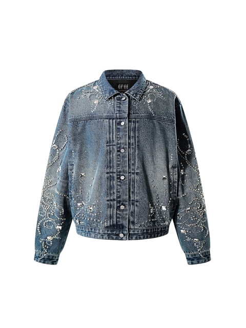 TBHNP Luminous Dawn rhinestone cropped denim jacket, blue — men's gothic streetwear jacket