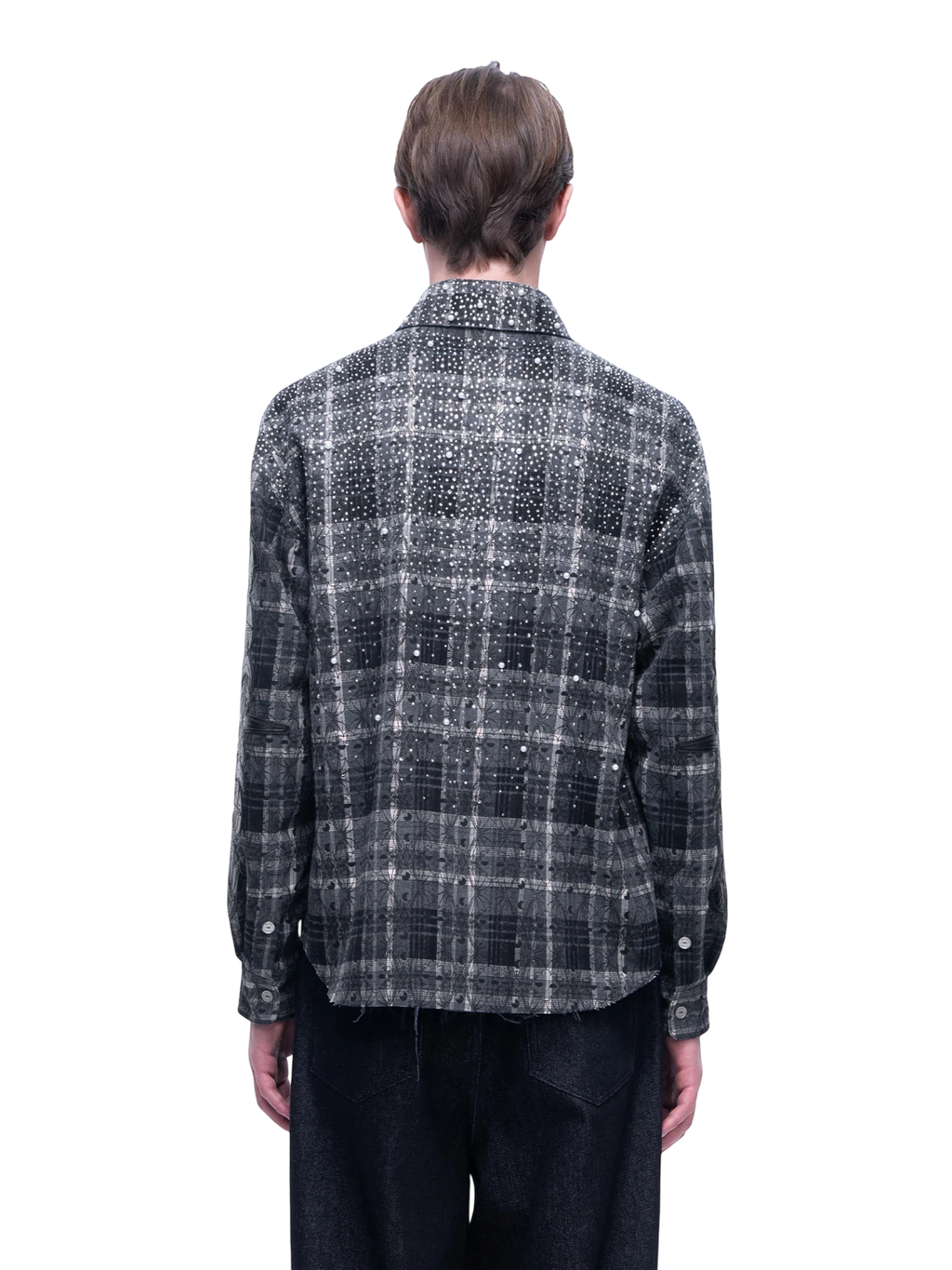 LUMINOUS DAWN RHINESTONE BAT PATTERN PLAID SHIRT
