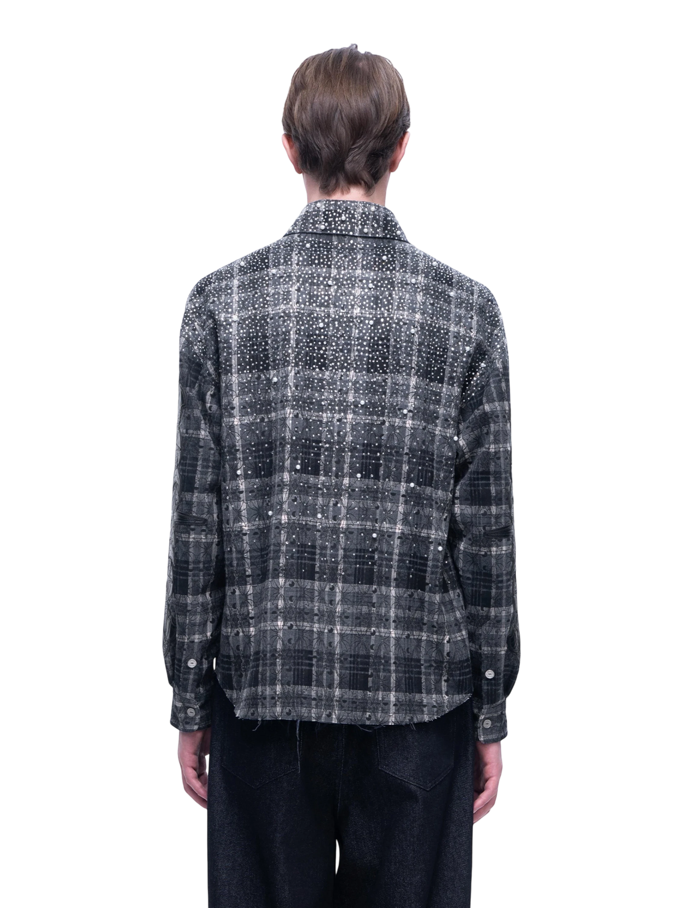 TBHNP Luminous Dawn rhinestone bat pattern plaid flannel shirt — men's gothic streetwear button-up