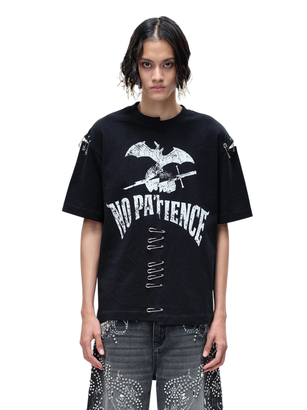TBHNP Luminous Dawn destroyed patchwork heavyweight t-shirt, black — men's streetwear graphic tee