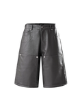 TBHNP Luminous Dawn belted faux-leather shorts in grey, front flat-lay — men's streetwear shorts
