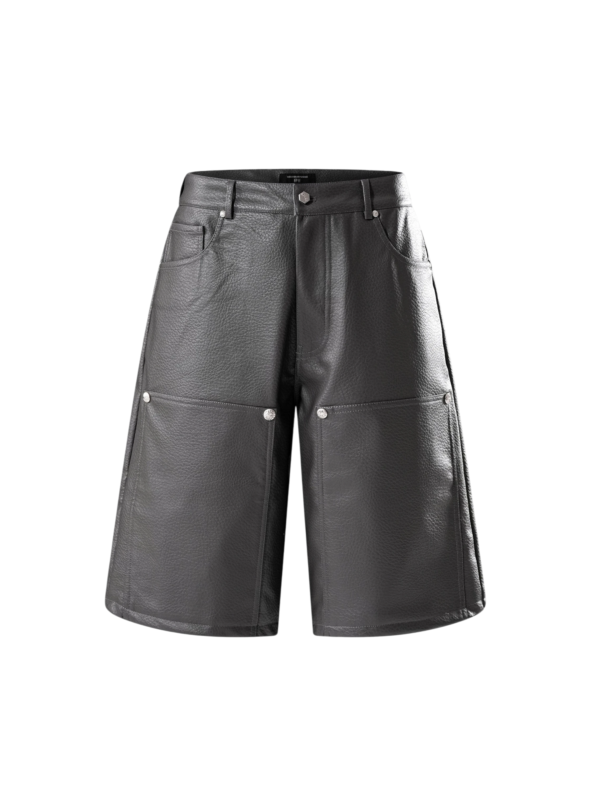 TBHNP Luminous Dawn belted faux-leather shorts in grey, front flat-lay — men's streetwear shorts