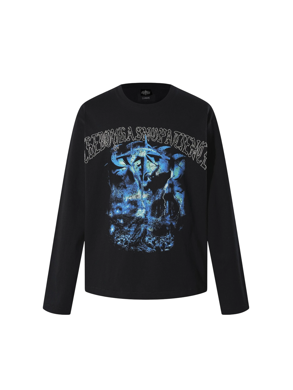 TBHNP Luminous Dawn distressed knight graphic long sleeve tee with bead-embroidered gothic lettering
