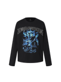 TBHNP Luminous Dawn distressed knight graphic long sleeve tee with bead-embroidered gothic lettering
