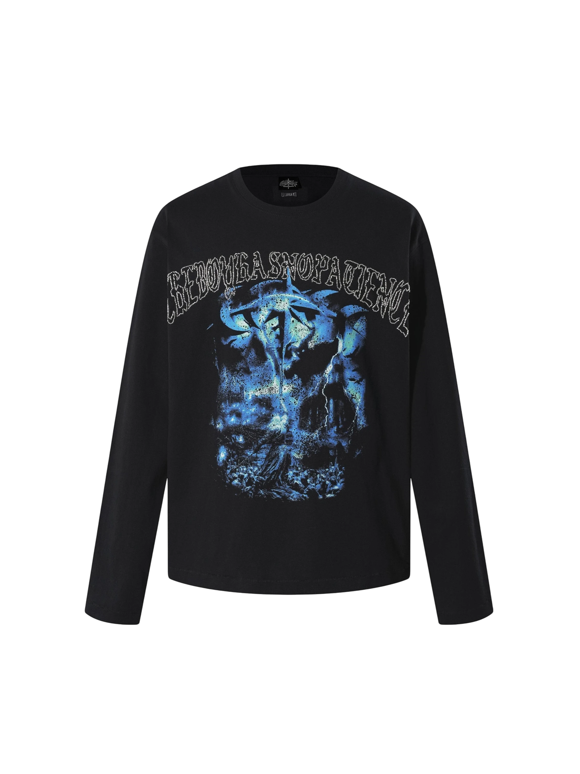TBHNP Luminous Dawn distressed knight graphic long sleeve tee with bead-embroidered gothic lettering