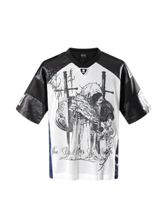 TBHNP Luminous Dawn sword and knight mesh football jersey with leather sleeves, navy blue — men's streetwear jersey