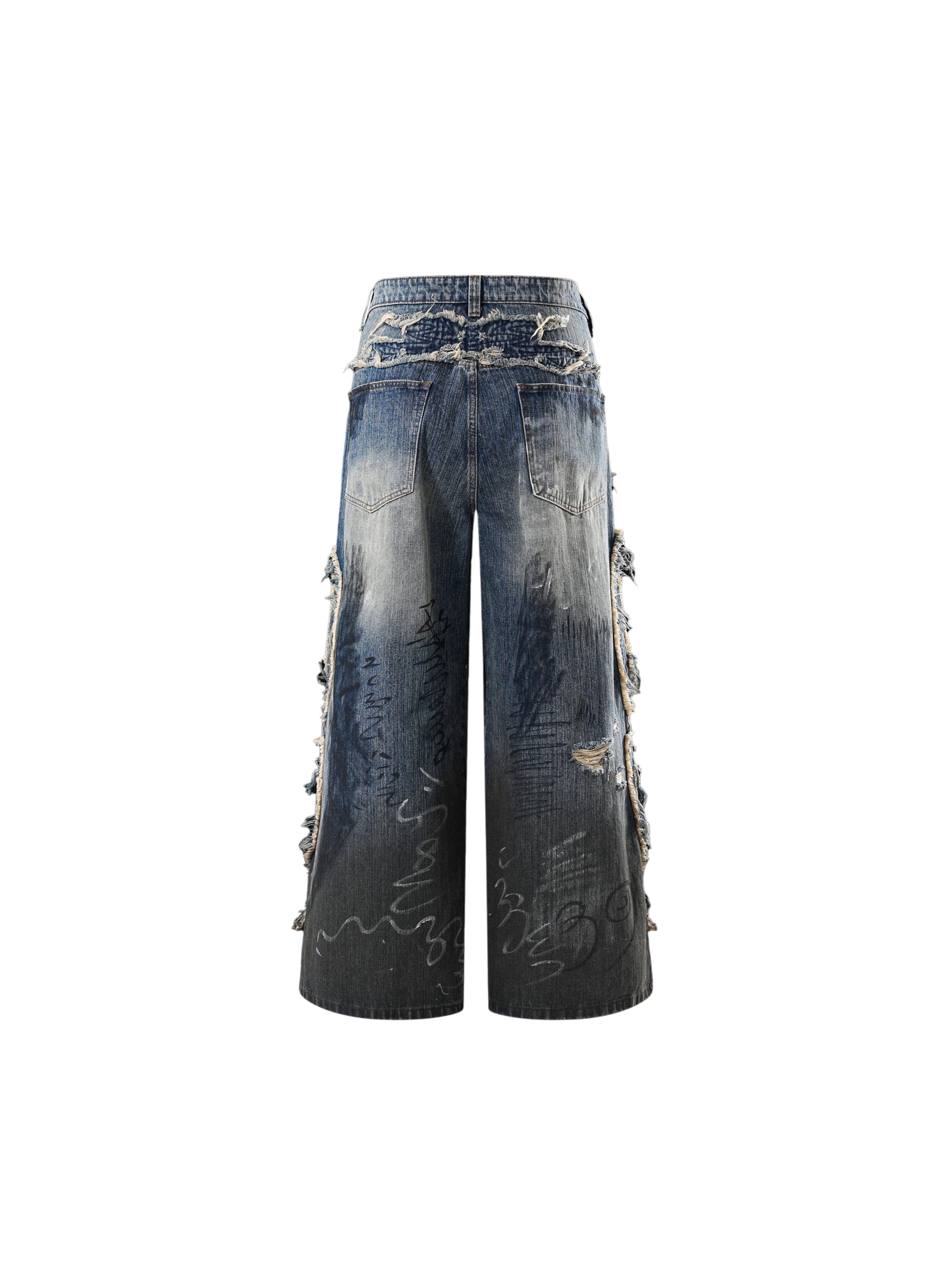 TBHNP Luminous Dawn baggy faded graffiti jeans, blue — men's distressed streetwear denim