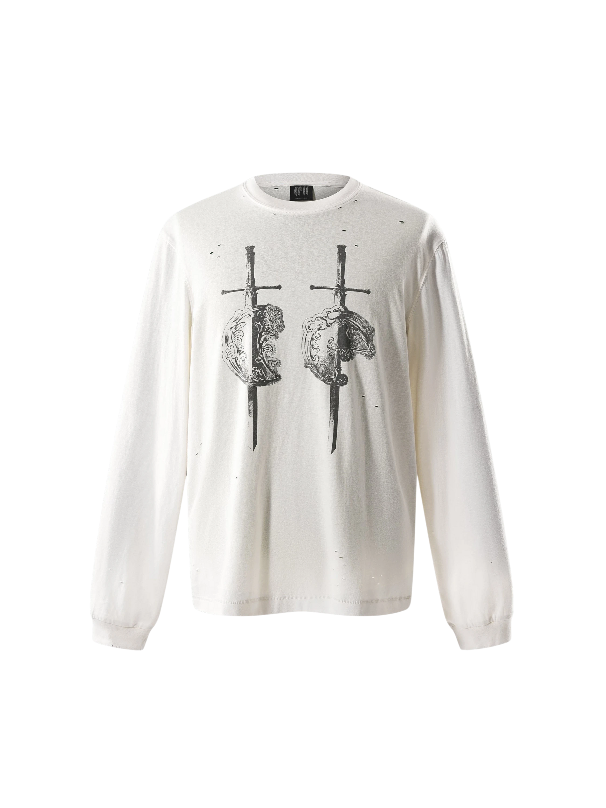 TBHNP Luminous Dawn distressed sword and shield print long-sleeve cotton t-shirt — men's streetwear long sleeve tee