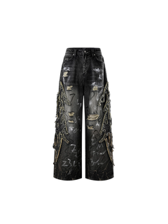 TBHNP Luminous Dawn graffiti distressed jeans, black — men's streetwear denim