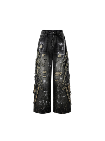 TBHNP Luminous Dawn graffiti distressed jeans, black — men's streetwear denim