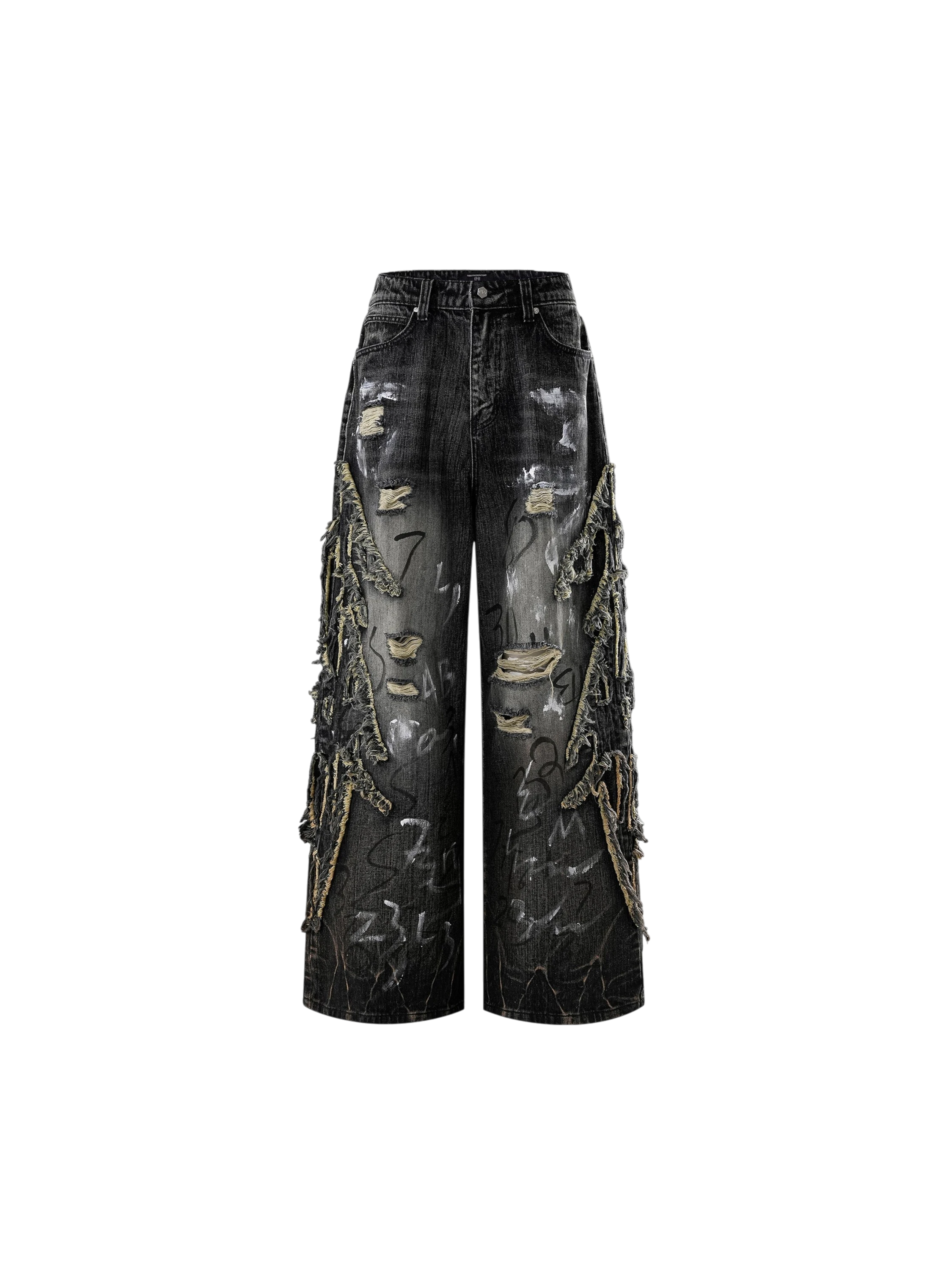 TBHNP Luminous Dawn graffiti distressed jeans, black — men's streetwear denim