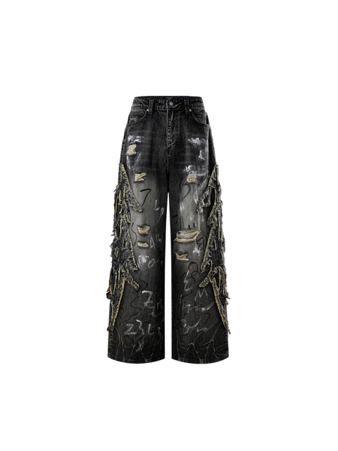 TBHNP Luminous Dawn graffiti distressed jeans, black — men's streetwear denim