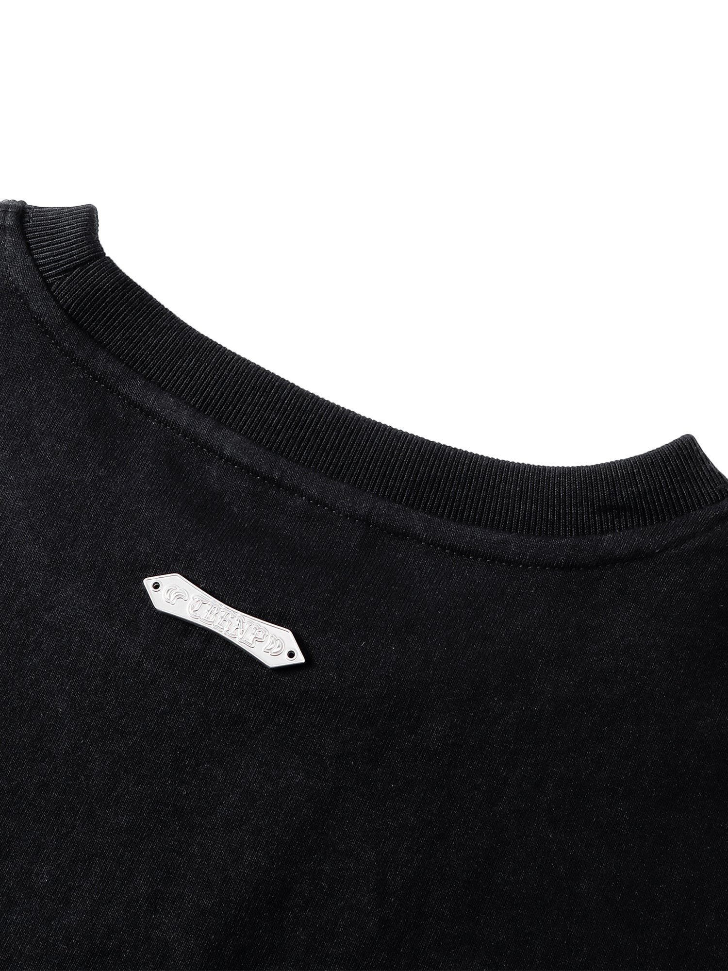 TBHNP Luminous Dawn distressed knight graphic long sleeve tee with bead-embroidered gothic lettering