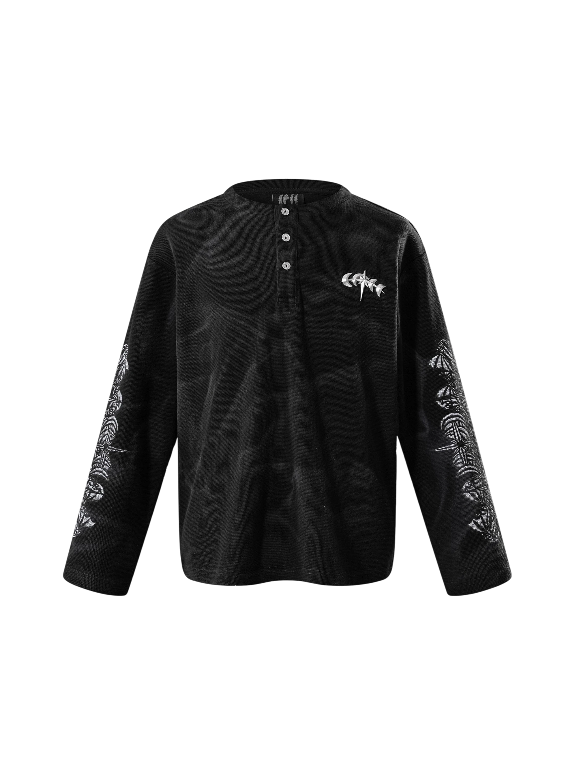 TBHNP Luminous Dawn waffle-knit henley long-sleeve top with metal chest badge — men's streetwear henley