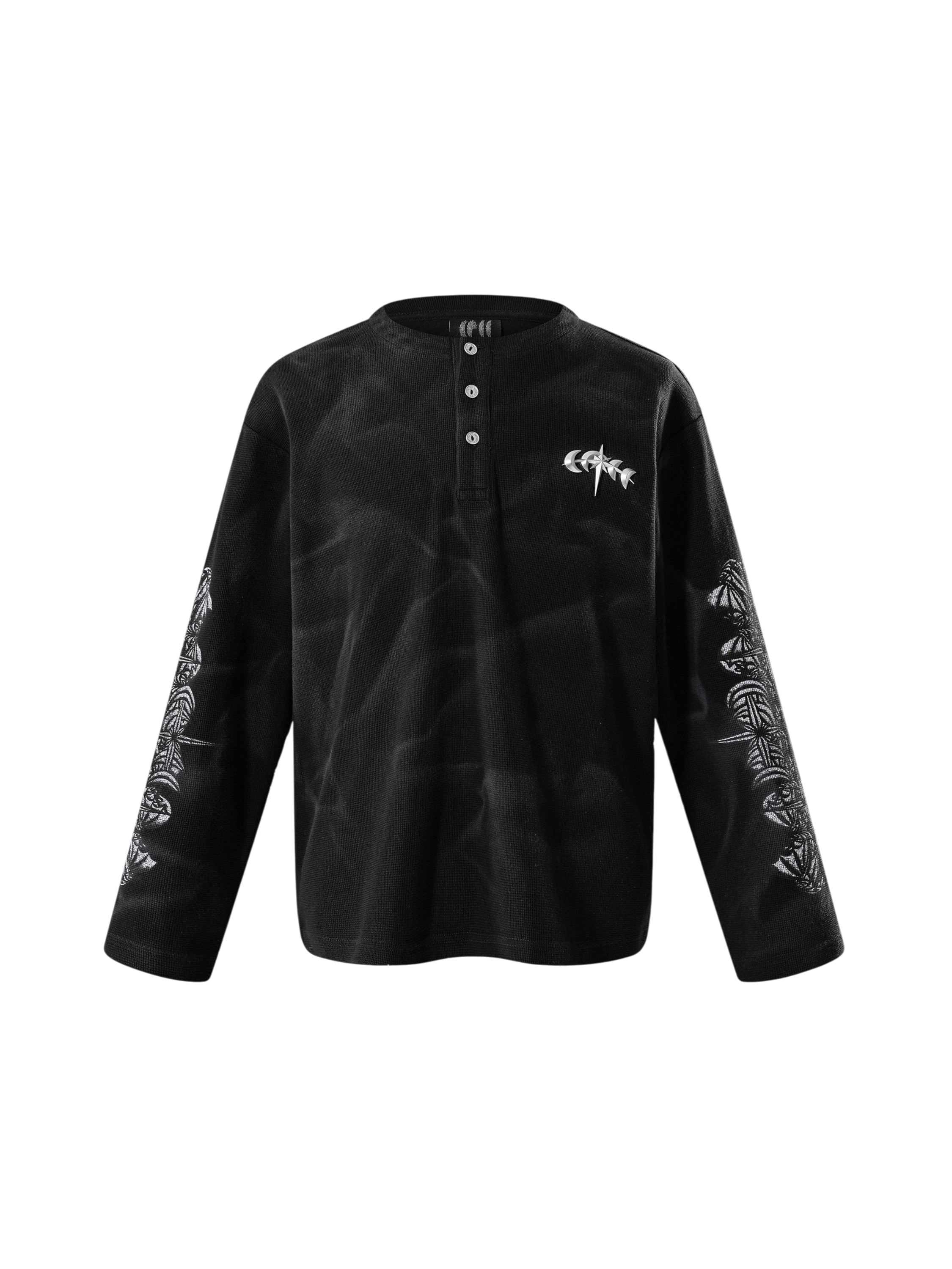 TBHNP Luminous Dawn waffle-knit henley long-sleeve top with metal chest badge — men's streetwear henley