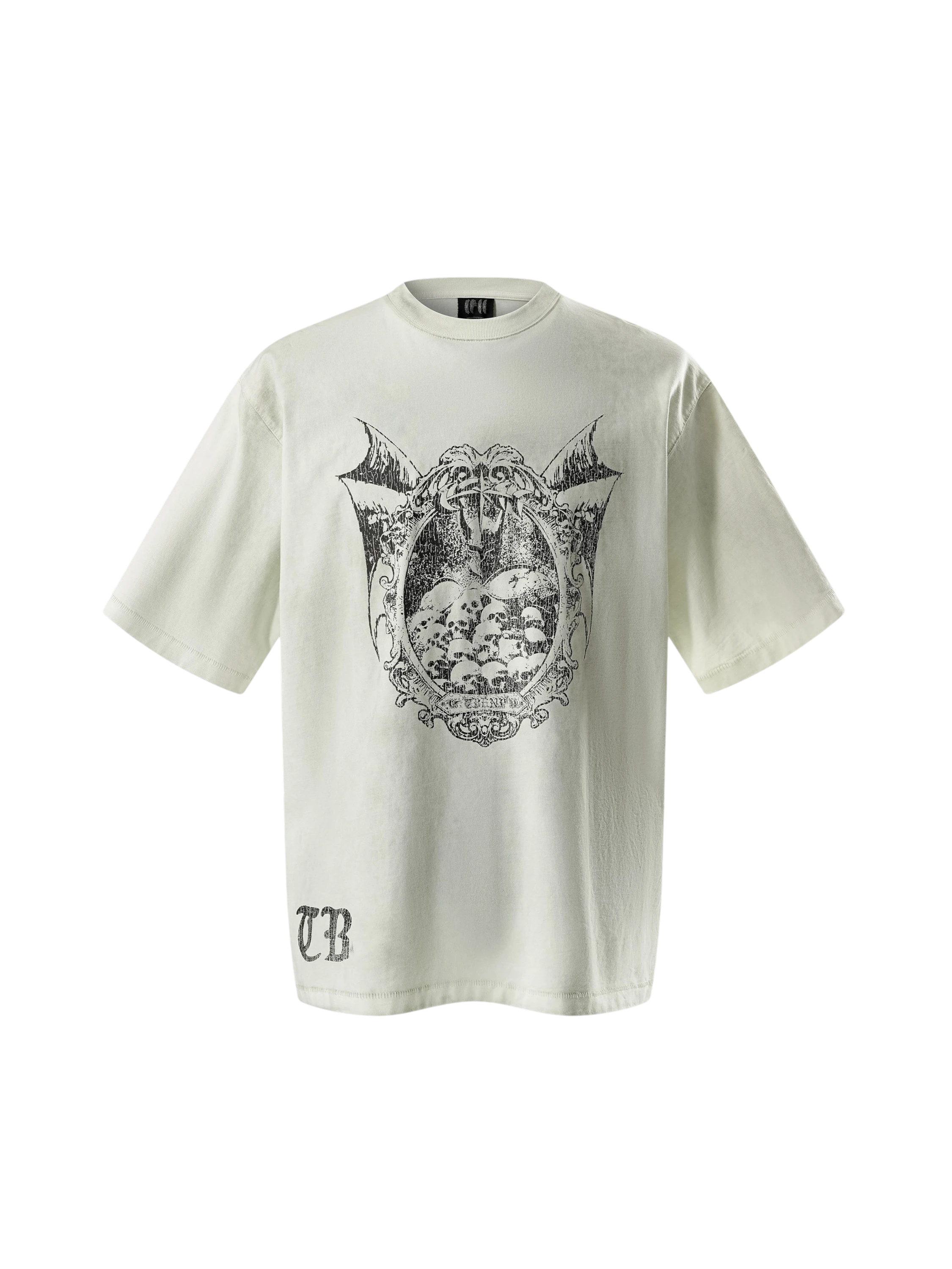 TBHNP Luminous Dawn knight badge washed t-shirt, white — men's streetwear graphic tee