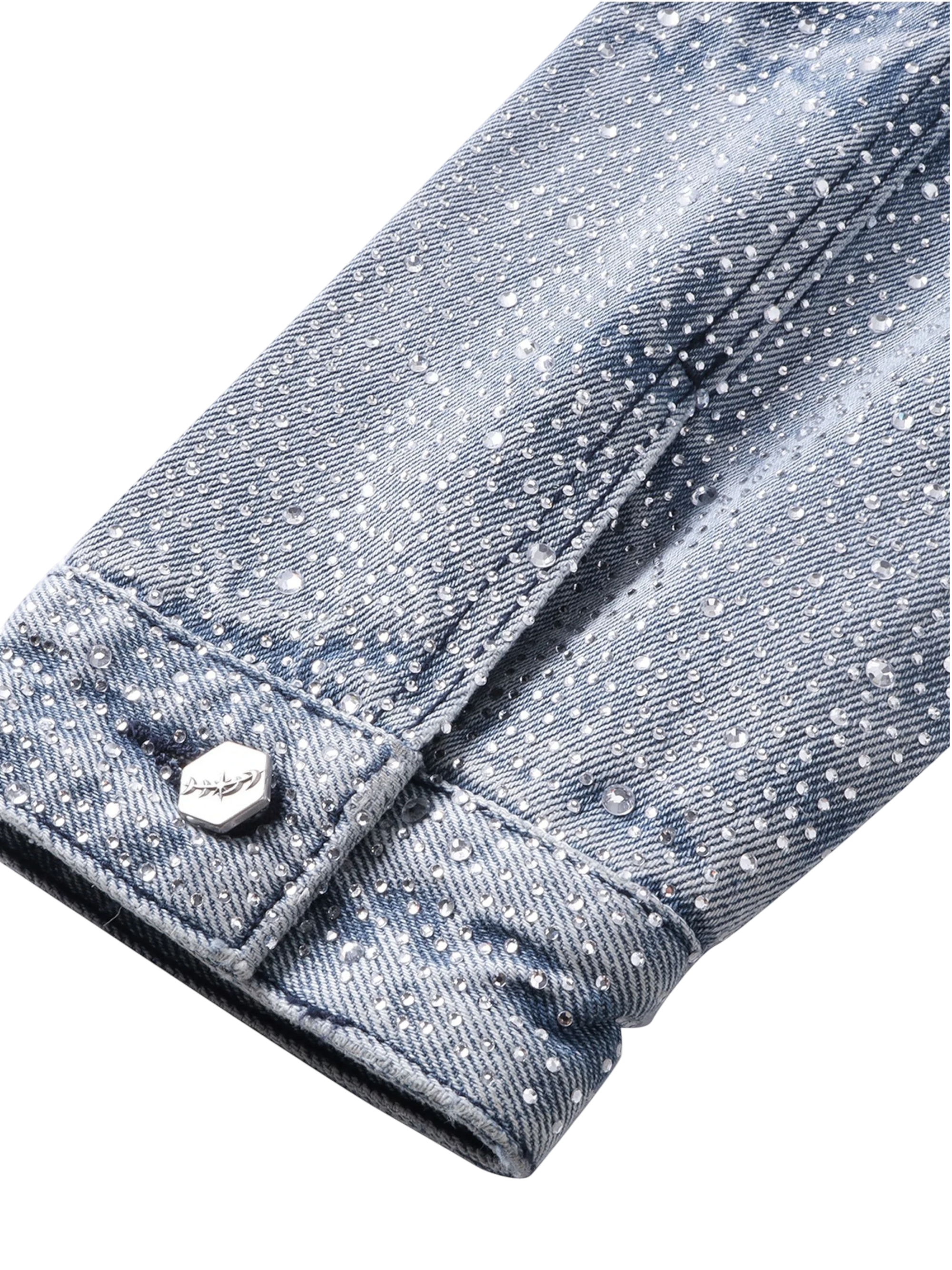TBHNP Luminous Dawn rhinestone denim trucker jacket, blue — men's streetwear jacket