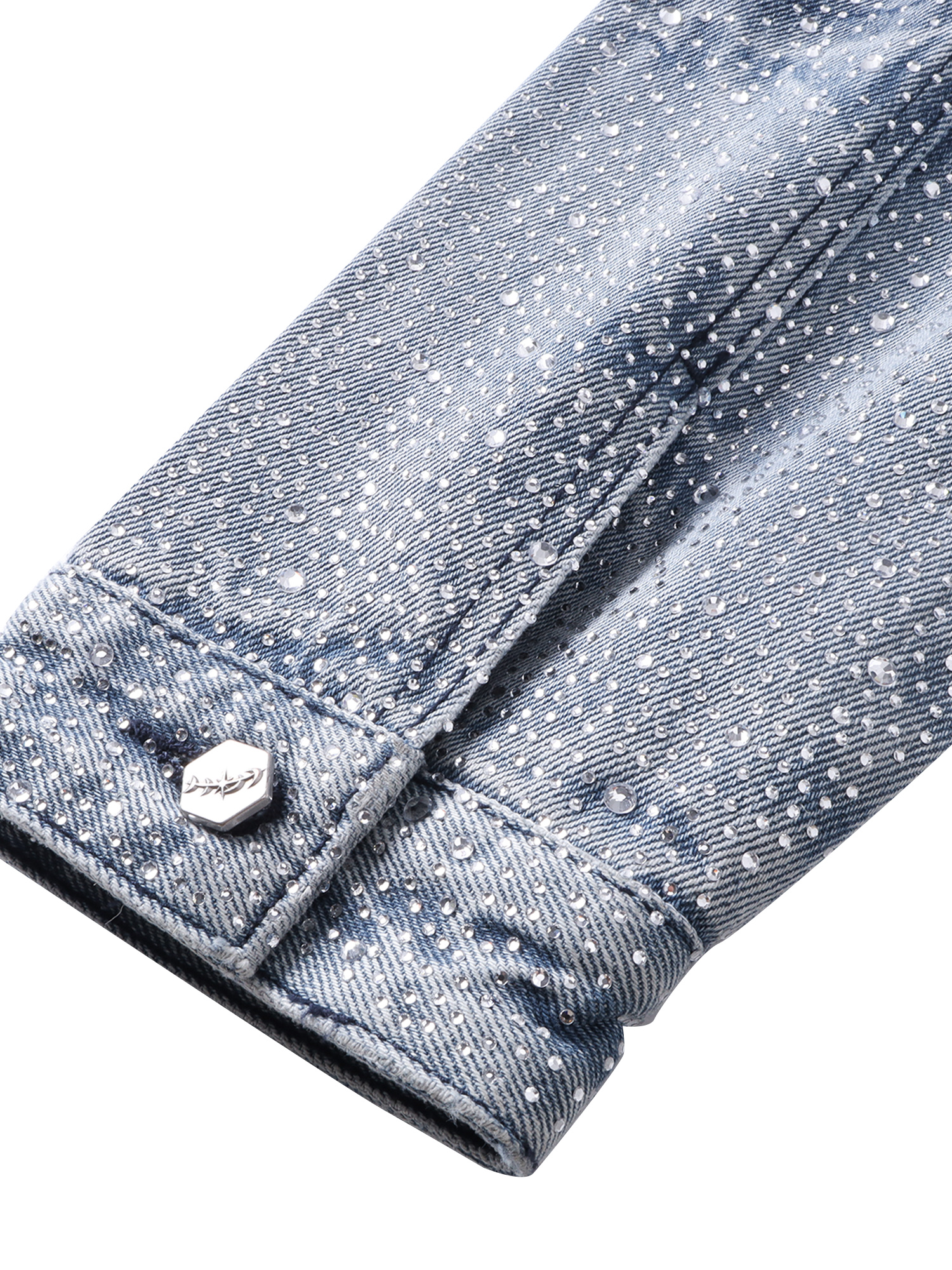 LUMINOUS DAWN RHINESTONE PEARL MESH DENIM JACKET