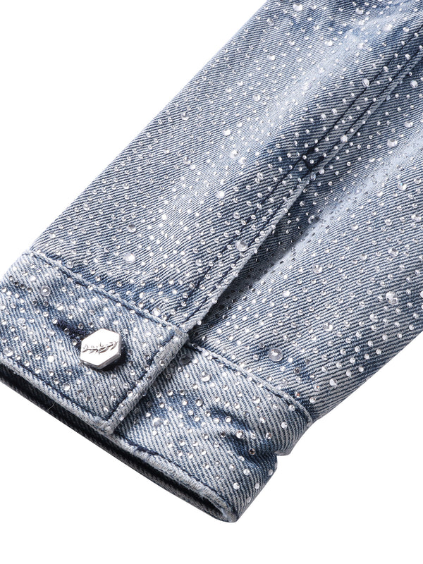 LUMINOUS DAWN RHINESTONE PEARL MESH DENIM JACKET