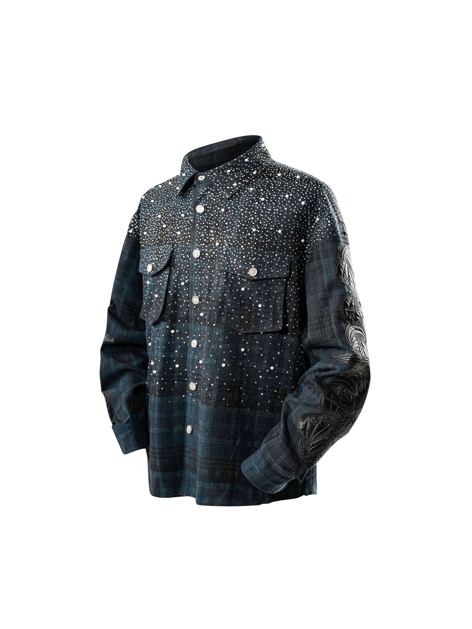 TBHNP Luminous Dawn rhinestone bat pattern plaid flannel shirt — men's gothic streetwear button-up