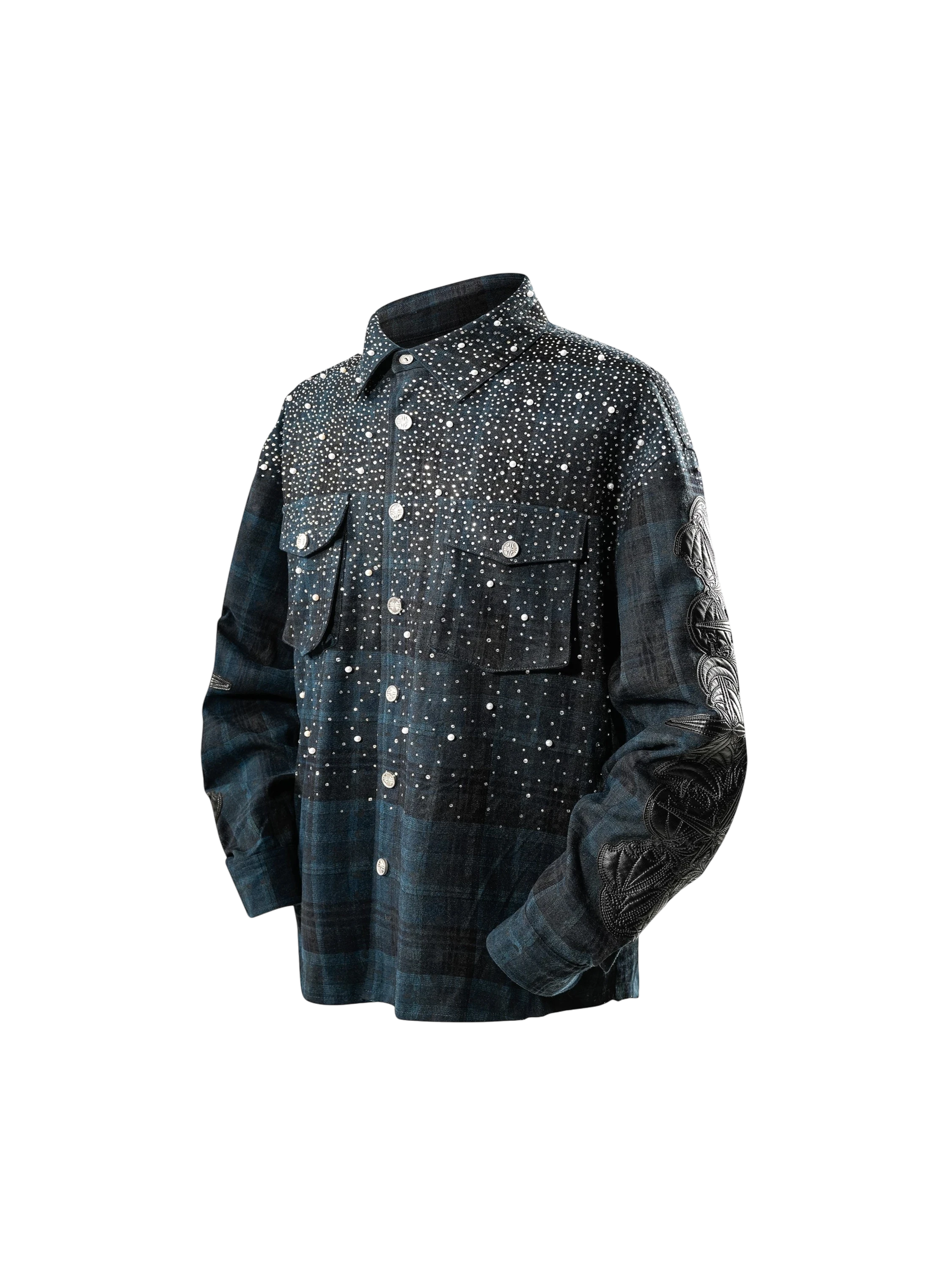 TBHNP Luminous Dawn rhinestone bat pattern plaid flannel shirt — men's gothic streetwear button-up
