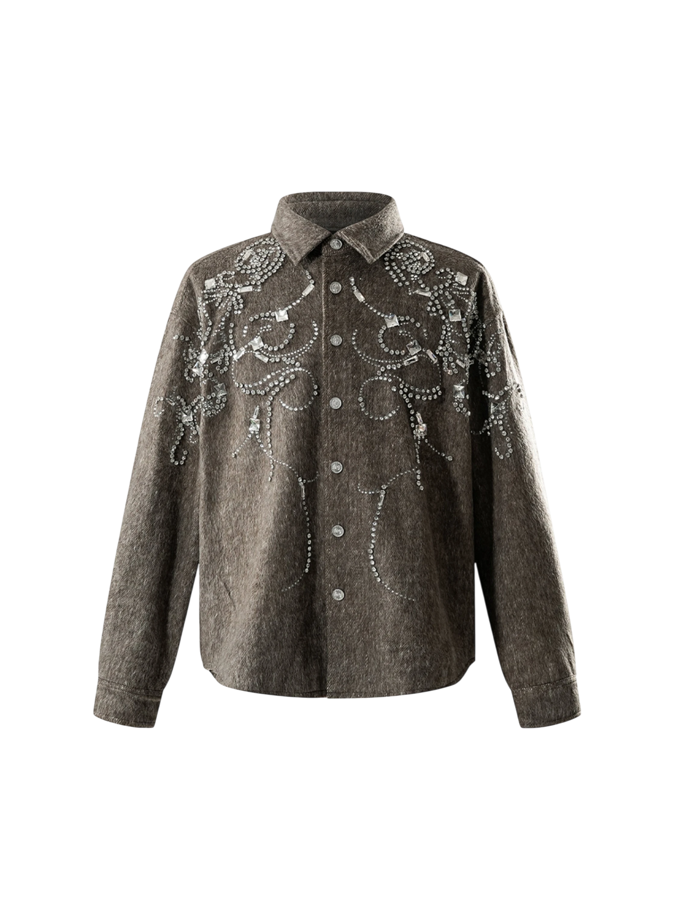 TBHNP Luminous Dawn rhinestone embellished wool-blend shirt — men's gothic streetwear shirt