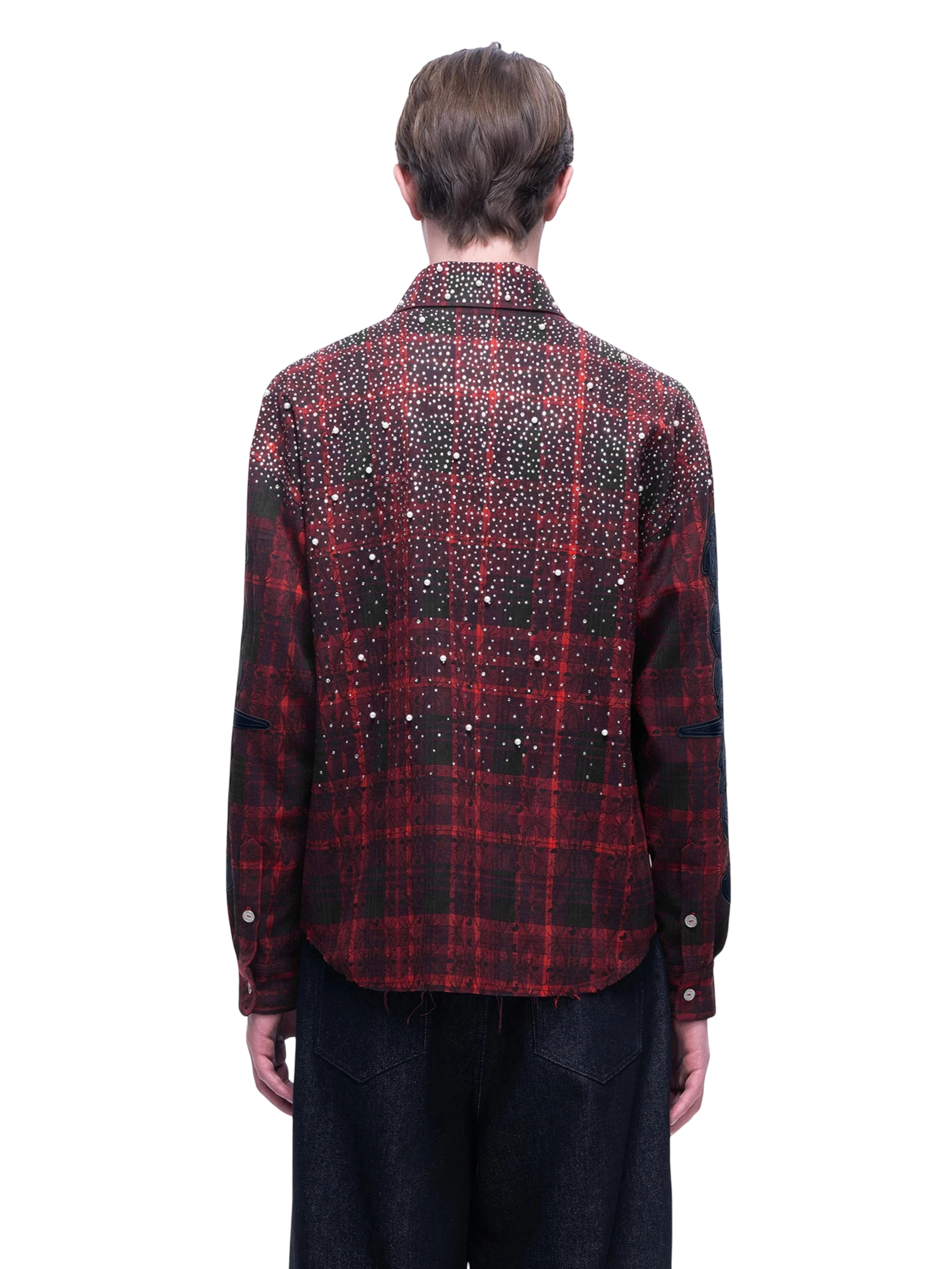 TBHNP Luminous Dawn rhinestone bat pattern plaid flannel shirt — men's gothic streetwear button-up