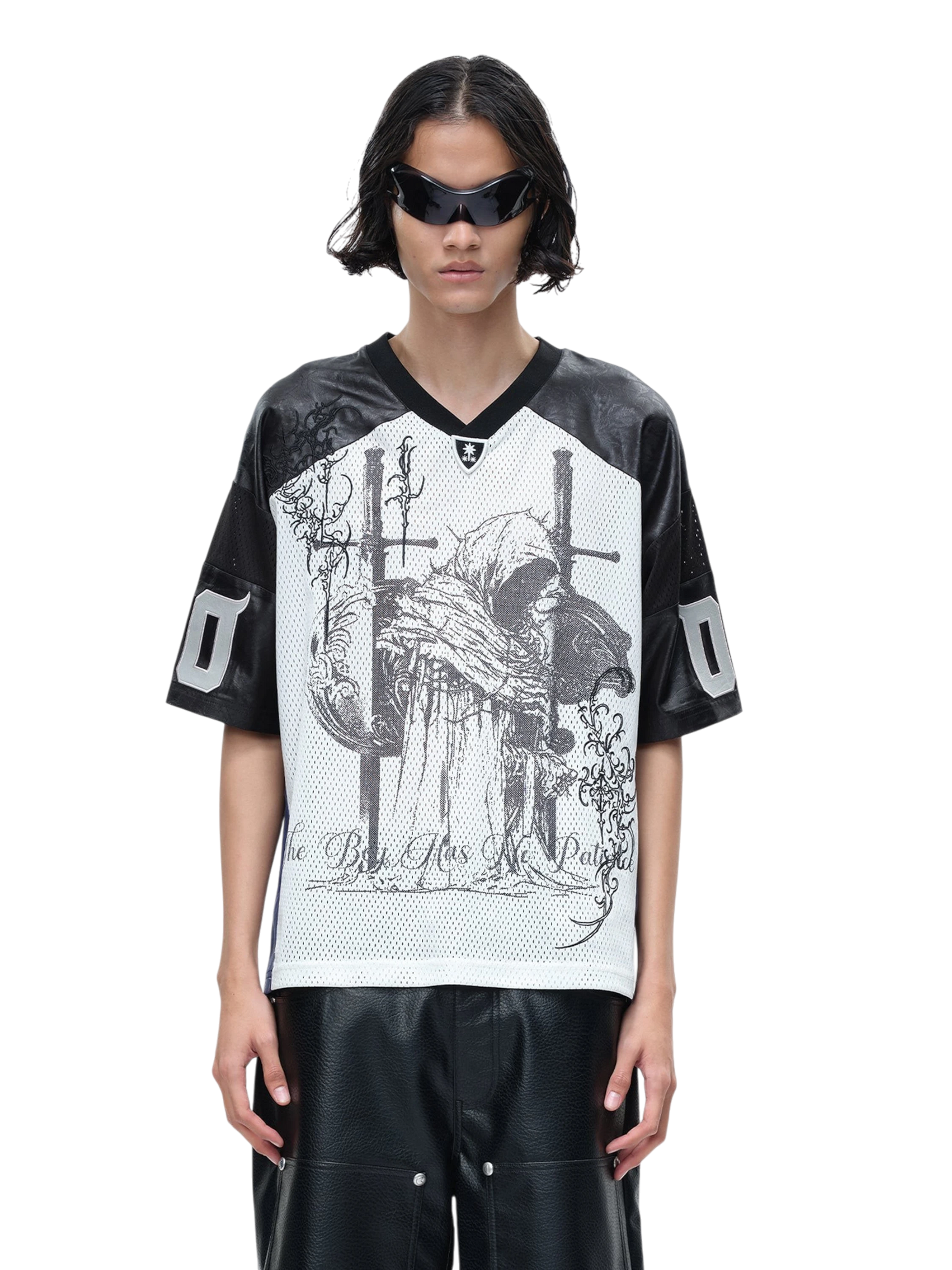 TBHNP Luminous Dawn sword and knight mesh football jersey with leather sleeves, navy blue — men's streetwear jersey