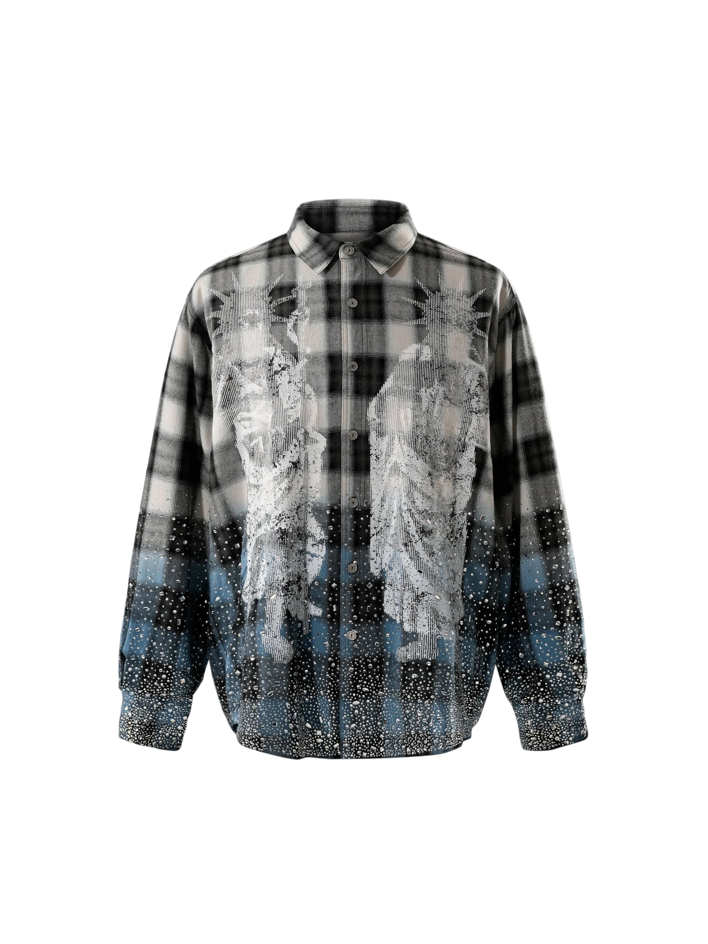 TBHNP Disciple Double Saint rhinestone plaid flannel shirt — men's gothic streetwear button-up