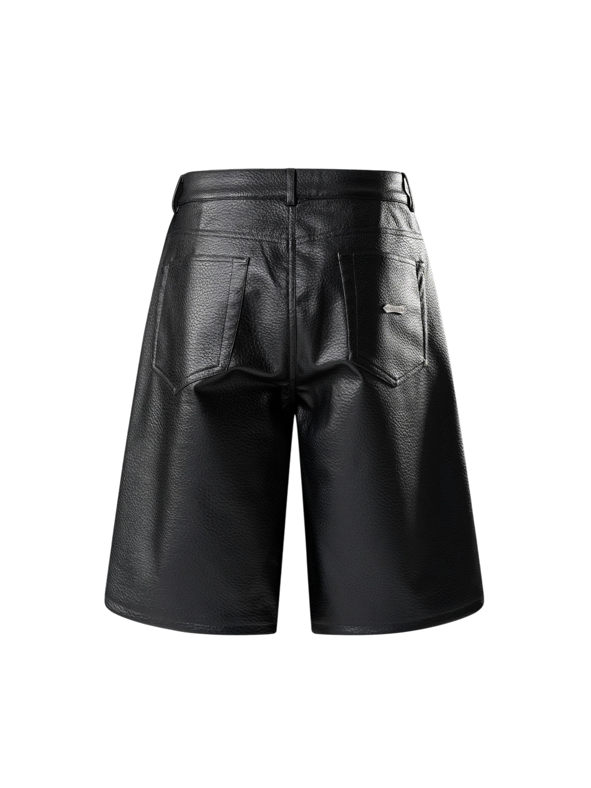 TBHNP black faux-leather shorts, back flat-lay — men's streetwear shorts