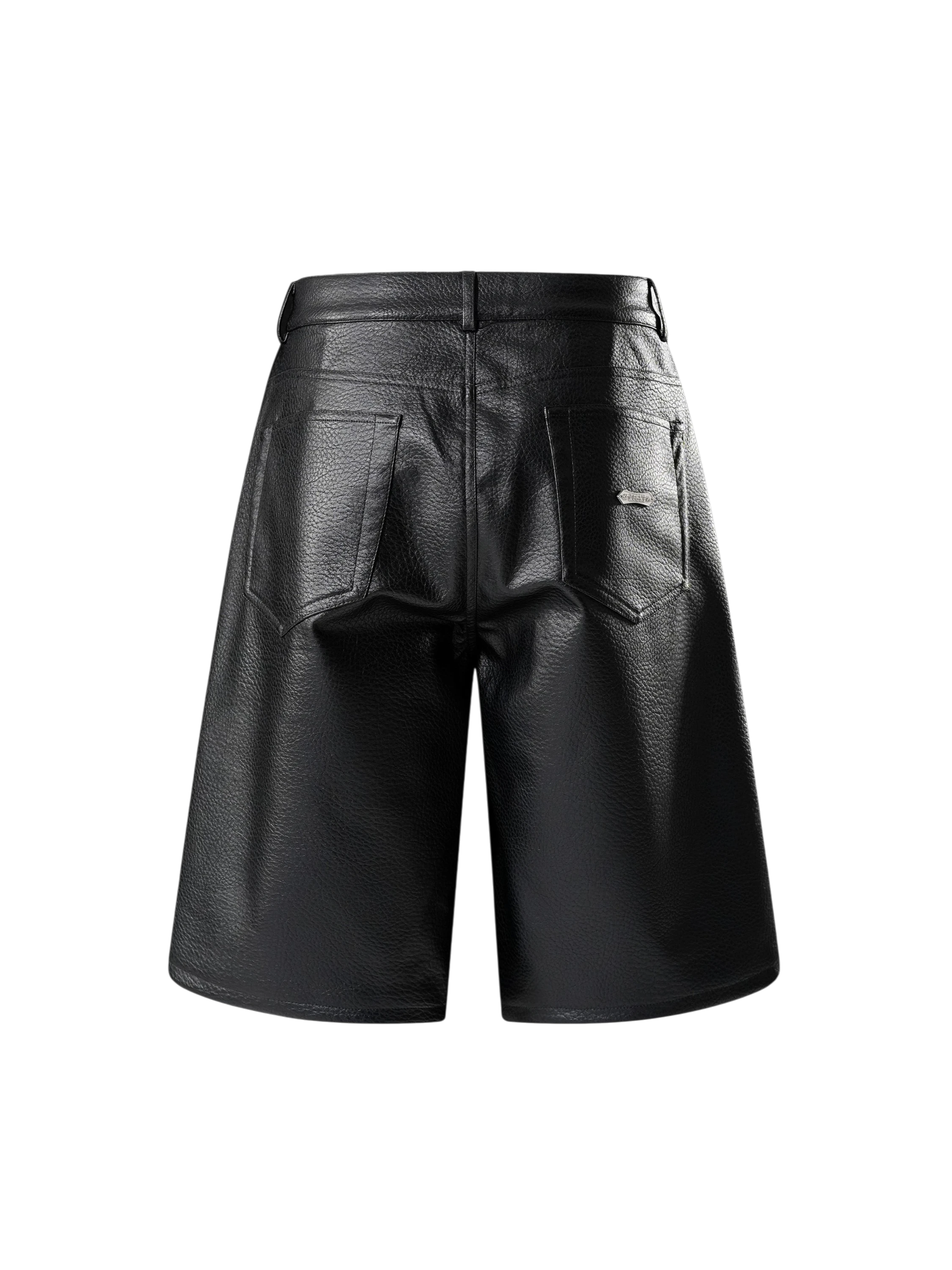 TBHNP black faux-leather shorts, back flat-lay — men's streetwear shorts