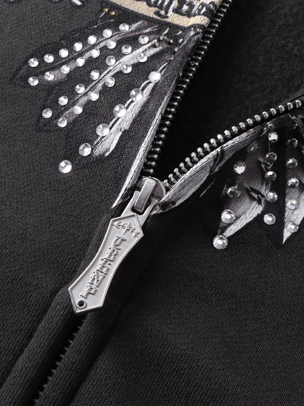 LUMINOUS DAWN DOUBLE-HEADED EAGLE RHINESTONE PRINTED ZIP HOODIE