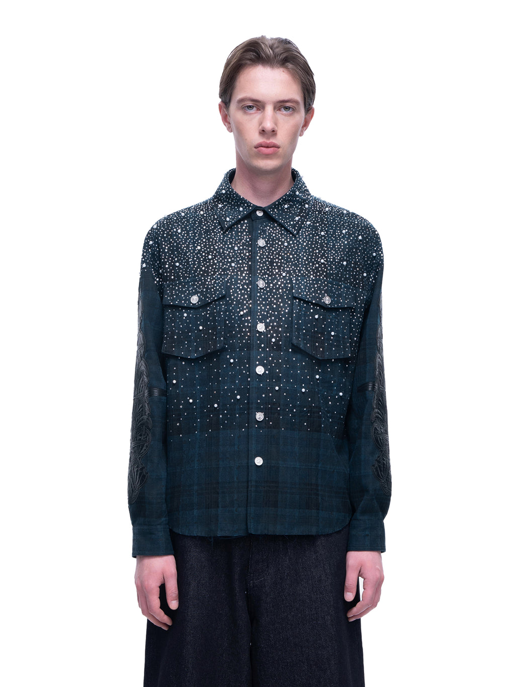 LUMINOUS DAWN RHINESTONE PEARL BAT PATTERN L-S SHIRT