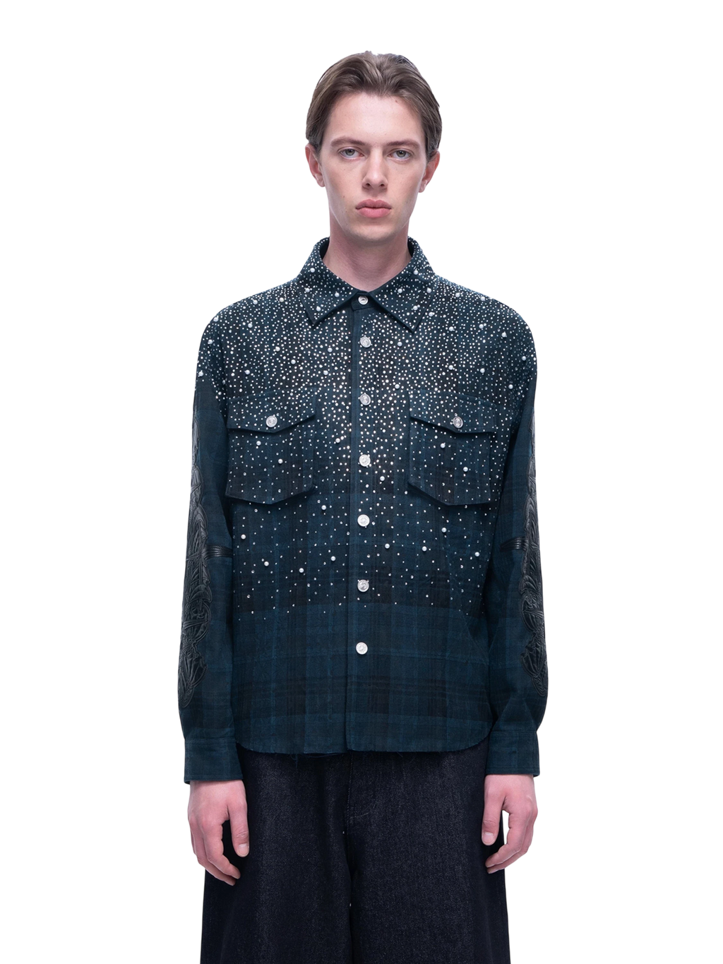 LUMINOUS DAWN RHINESTONE BAT PATTERN PLAID SHIRT