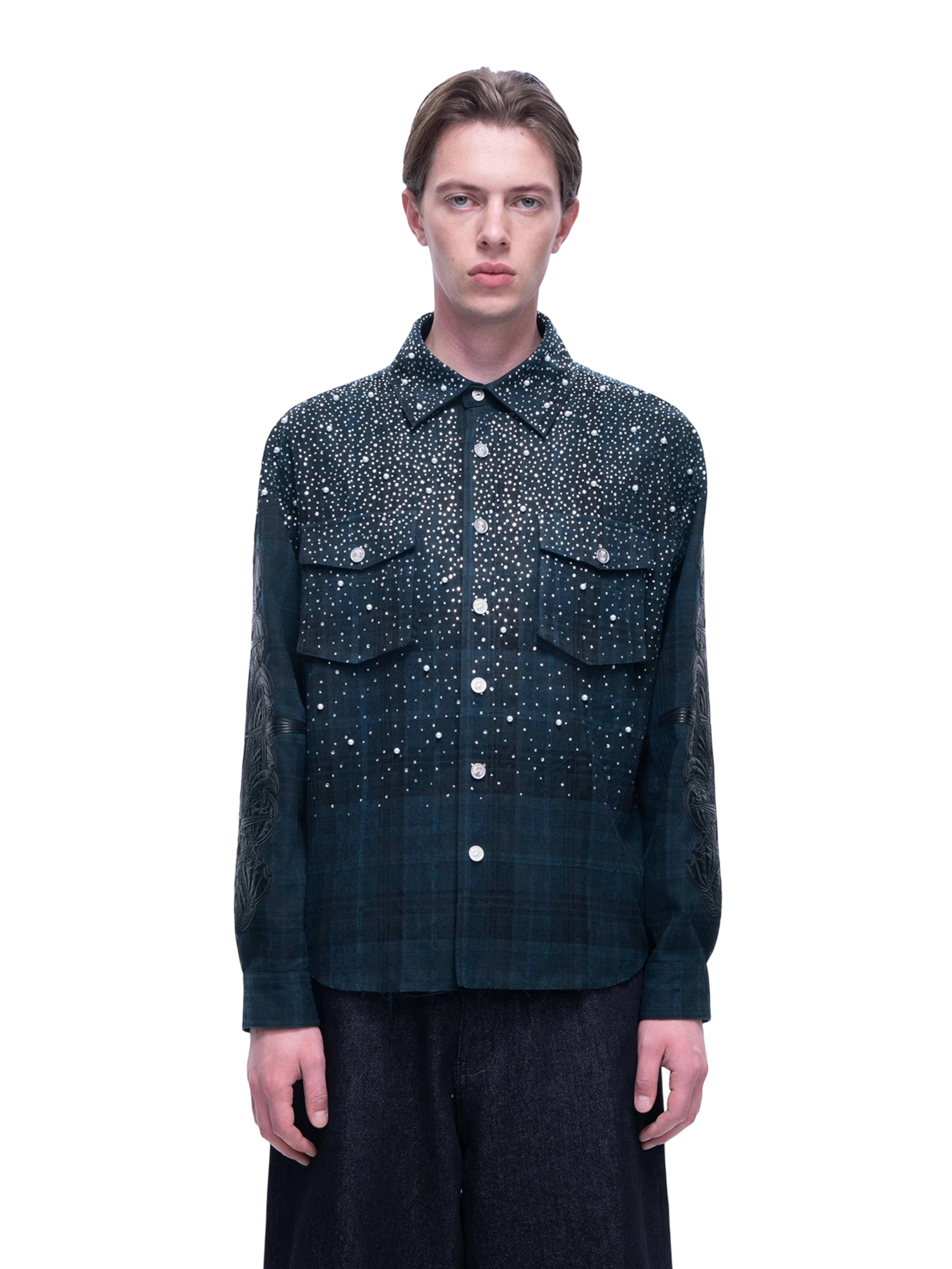 TBHNP Luminous Dawn rhinestone bat pattern plaid flannel shirt — men's gothic streetwear button-up