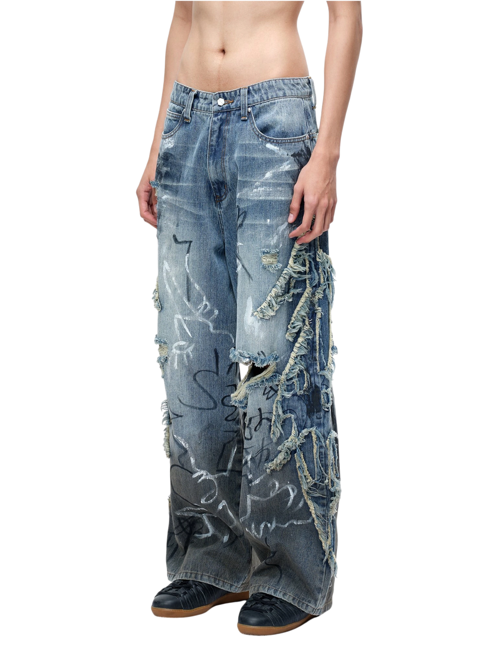 TBHNP Luminous Dawn baggy faded graffiti jeans, blue — men's distressed streetwear denim