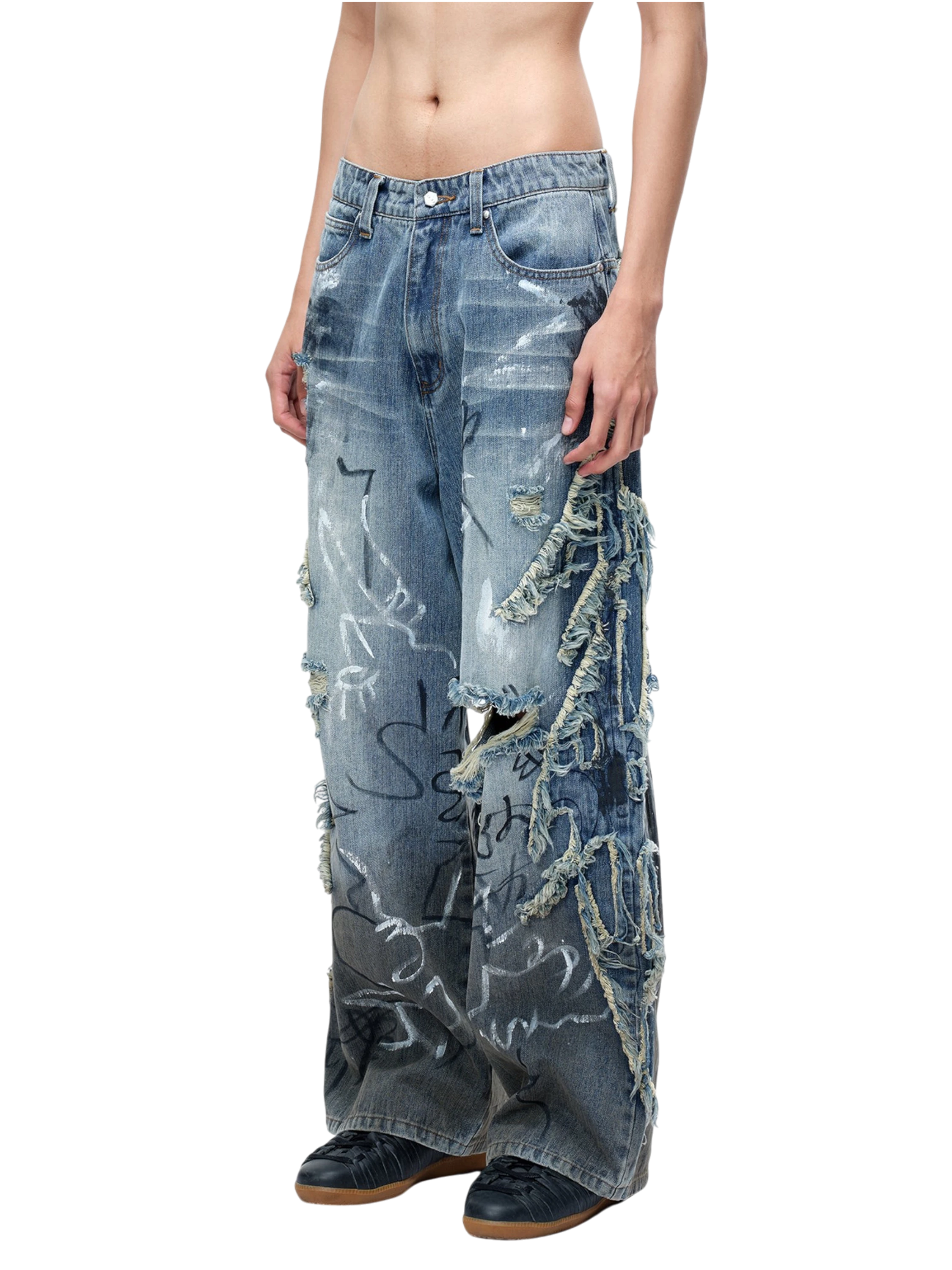 TBHNP Luminous Dawn baggy faded graffiti jeans, blue — men's distressed streetwear denim